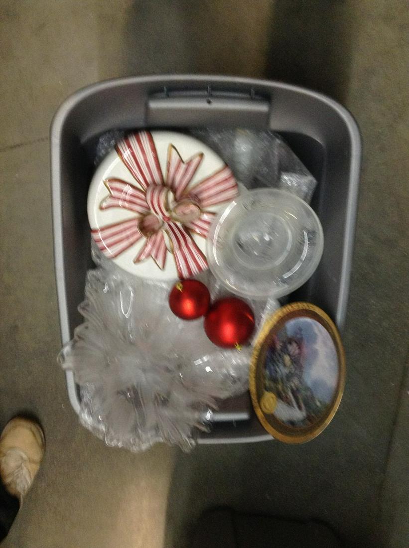 Tote full of christmas plates, glassware and ornaments: Tote full of christmas plates, glassware and ornaments