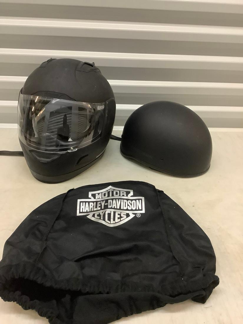 Pair of motorcycle helmets harley davidson and Icon (1 of 1)