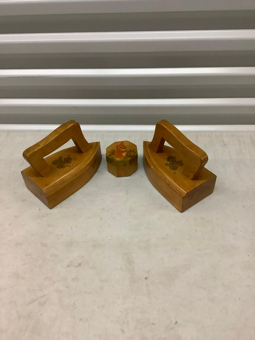 Pair of wooden irons and trinket box (1 of 1)