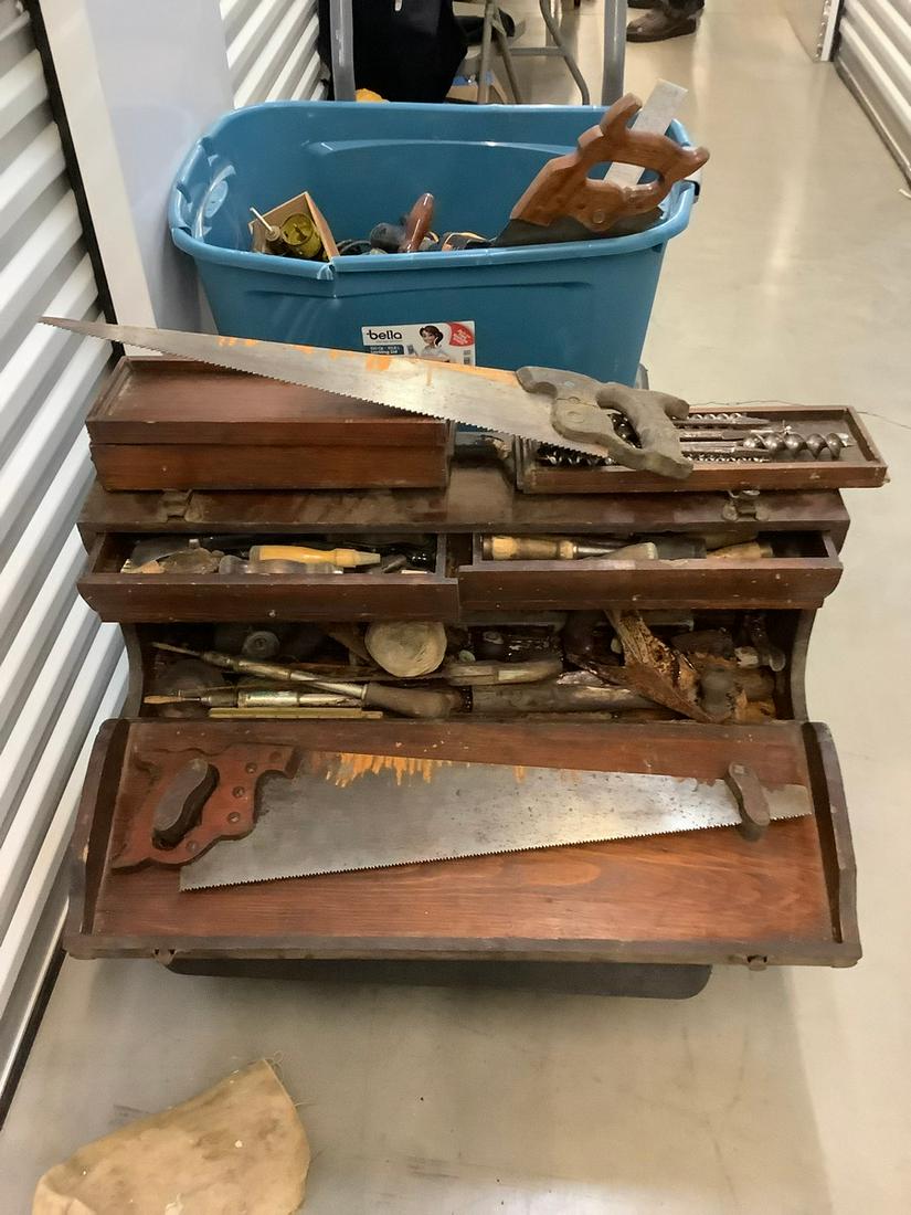 Vintage wooden toolbox pull out drawers full of tools (1 of 1)