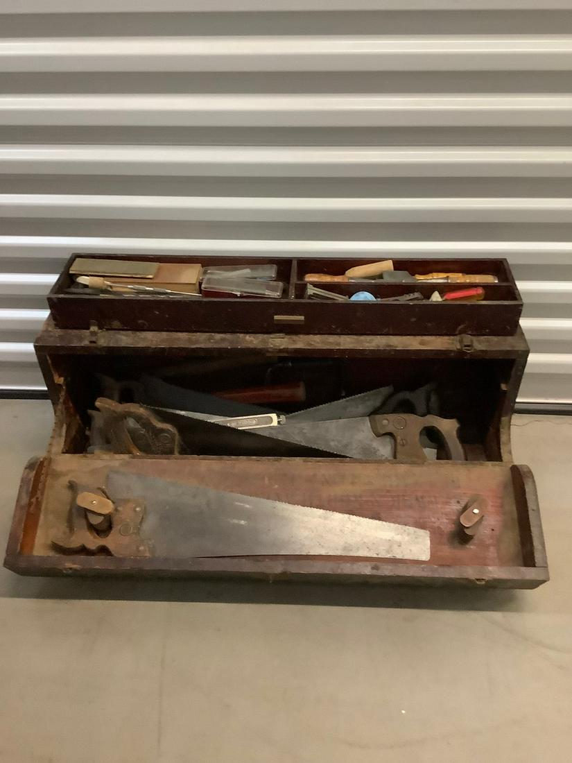 Vintage wooden toolbox pull out drawers full of tools (1 of 1)