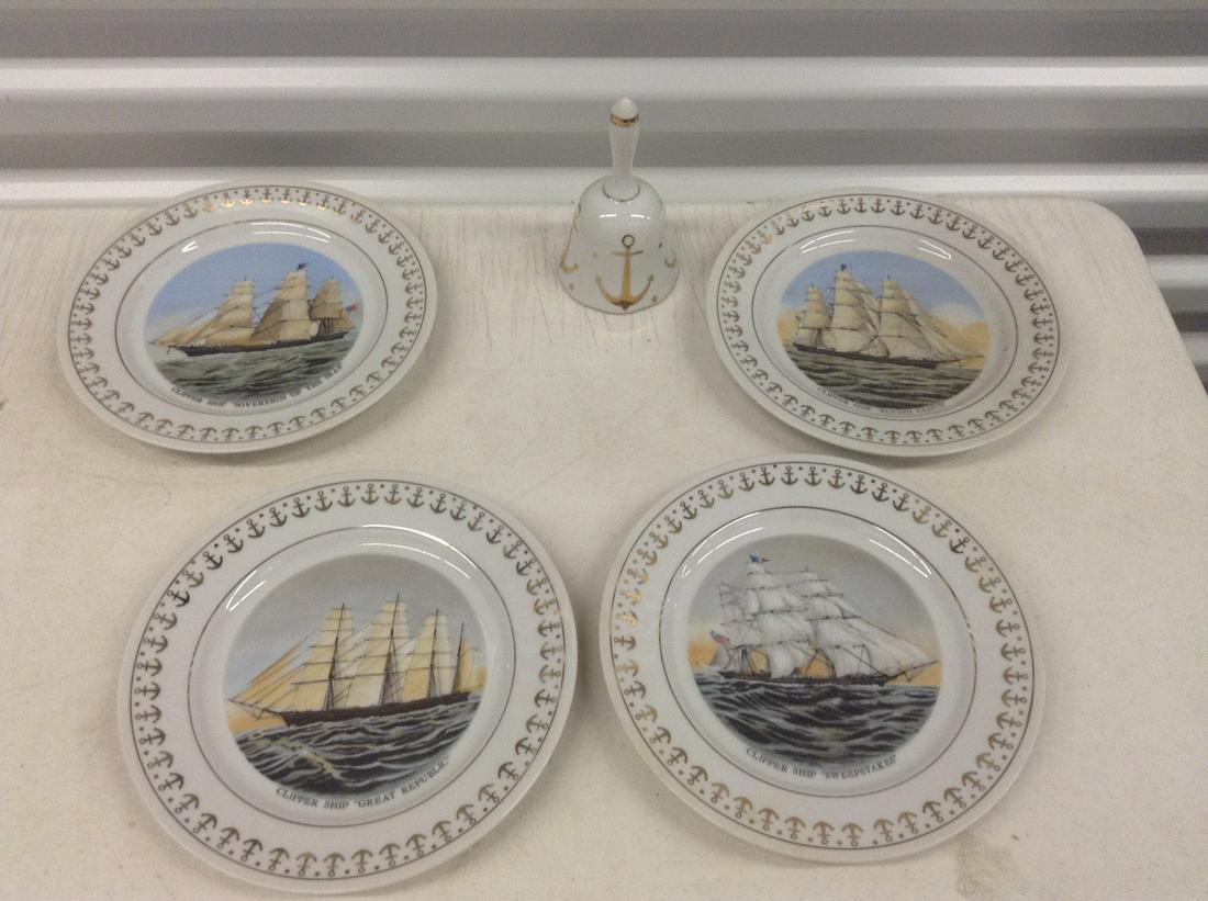 Royal Eaton Clipper Ship Plates and Bell: Royal Eaton Clipper Ship Plates and Bell