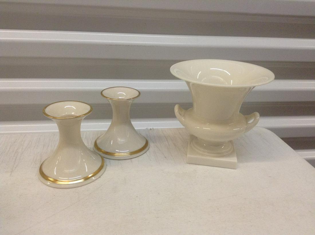 Lenox Candlesticks and Green Label Vase 6" across: Lenox Candlesticks and Green Label Vase 6" across