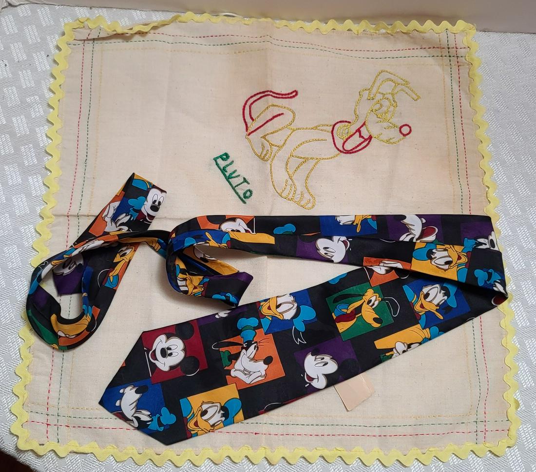 Disney Tie NWT & Vintage Embroidered Pluto Napkin: Disney Tie NWT & Vintage Embroidered Pluto Napkin
