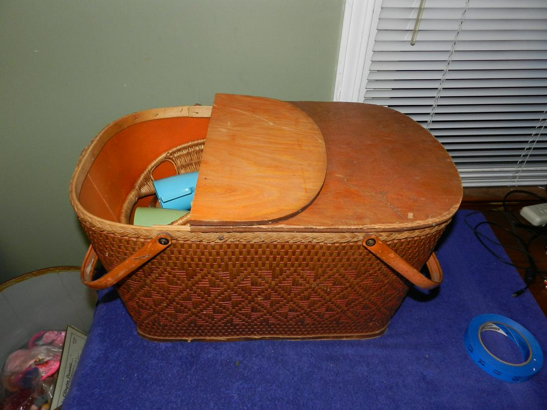 Vintage Wicker and Wood Picnic Basket With Supplies: 24" Long