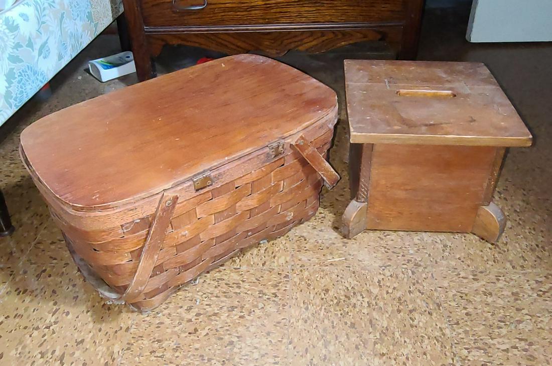 Vintage Picnic Basket and Stool: Vintage Picnic Basket and Stool