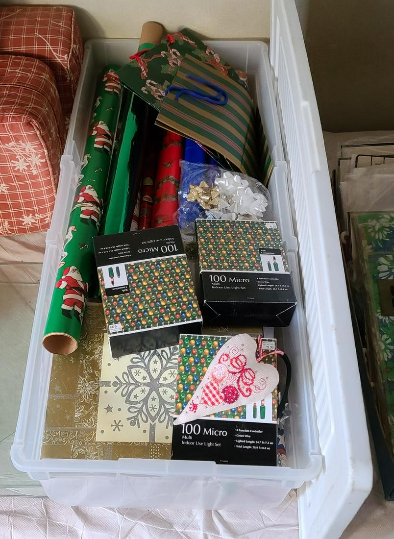 Tote Full of Wrapping Items and Christmas lights in: Tote Full of Wrapping Items and Christmas lights in boxes