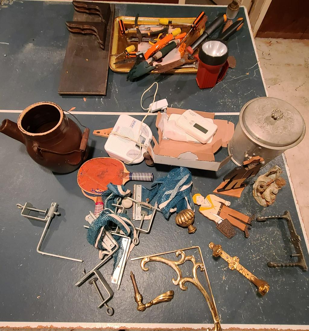 Tools, Shelves, Vintage and more shown on table: Tools, Shelves, Vintage and more shown on table