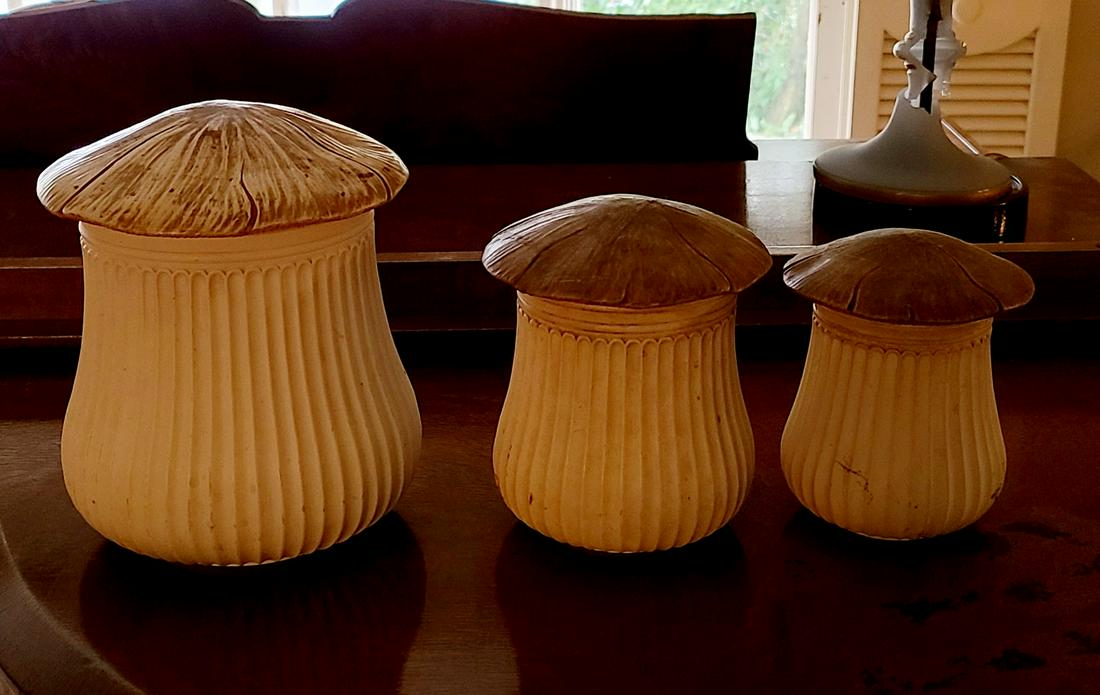 Vintage Ceramic and Wood Mushroom Storage Canisters (1 of 1)