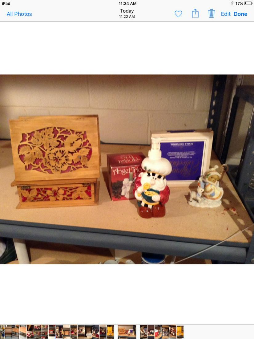 Lot of Wood Carved Boxes, Angel Trio Candle Holder and: Lot of Wood Carved Boxes, Angel Trio Candle Holder and More