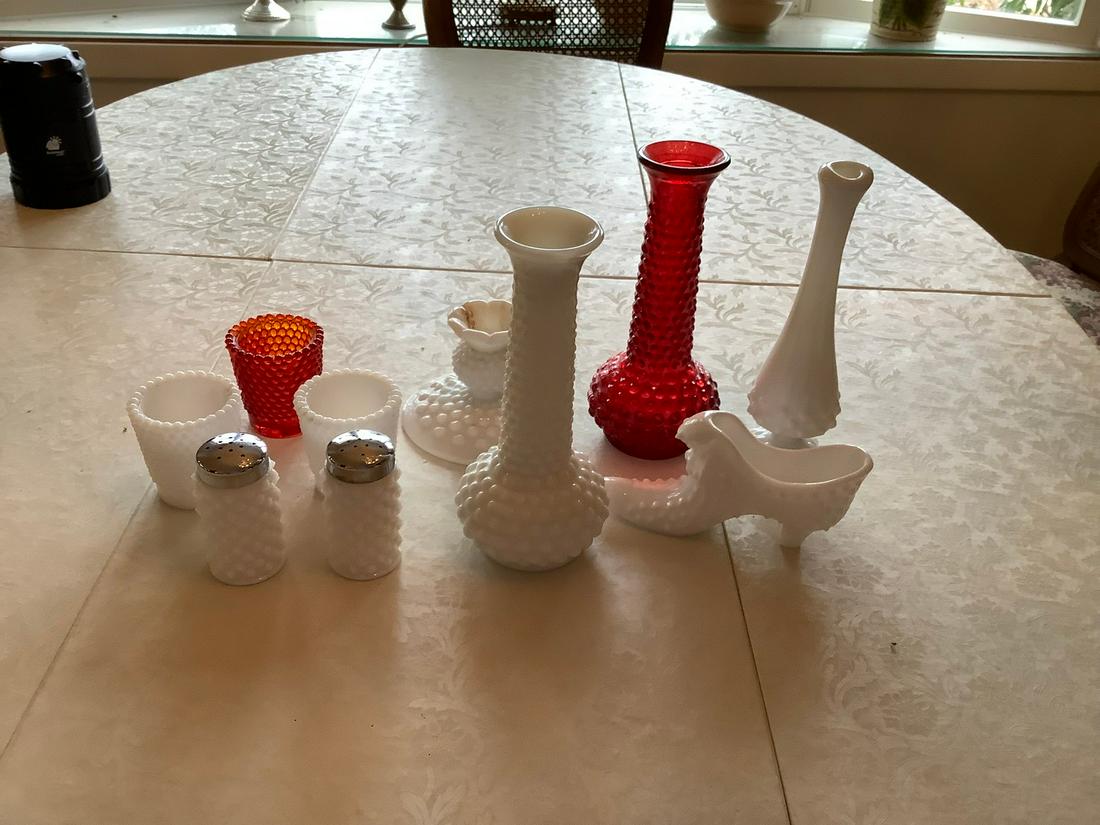 lot of red and white hobnail glass, salt n pepper (1 of 1)