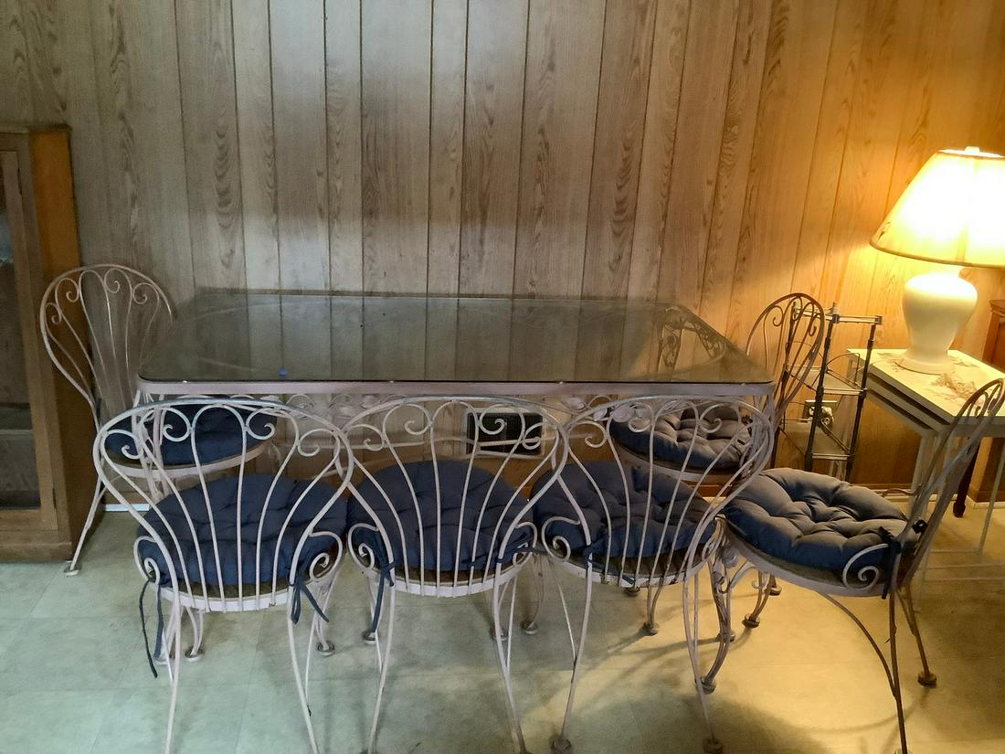 MCM wrought iron cglasstop table with chairs 60x32: MCM wrought iron cglasstop table with chairs 60x32