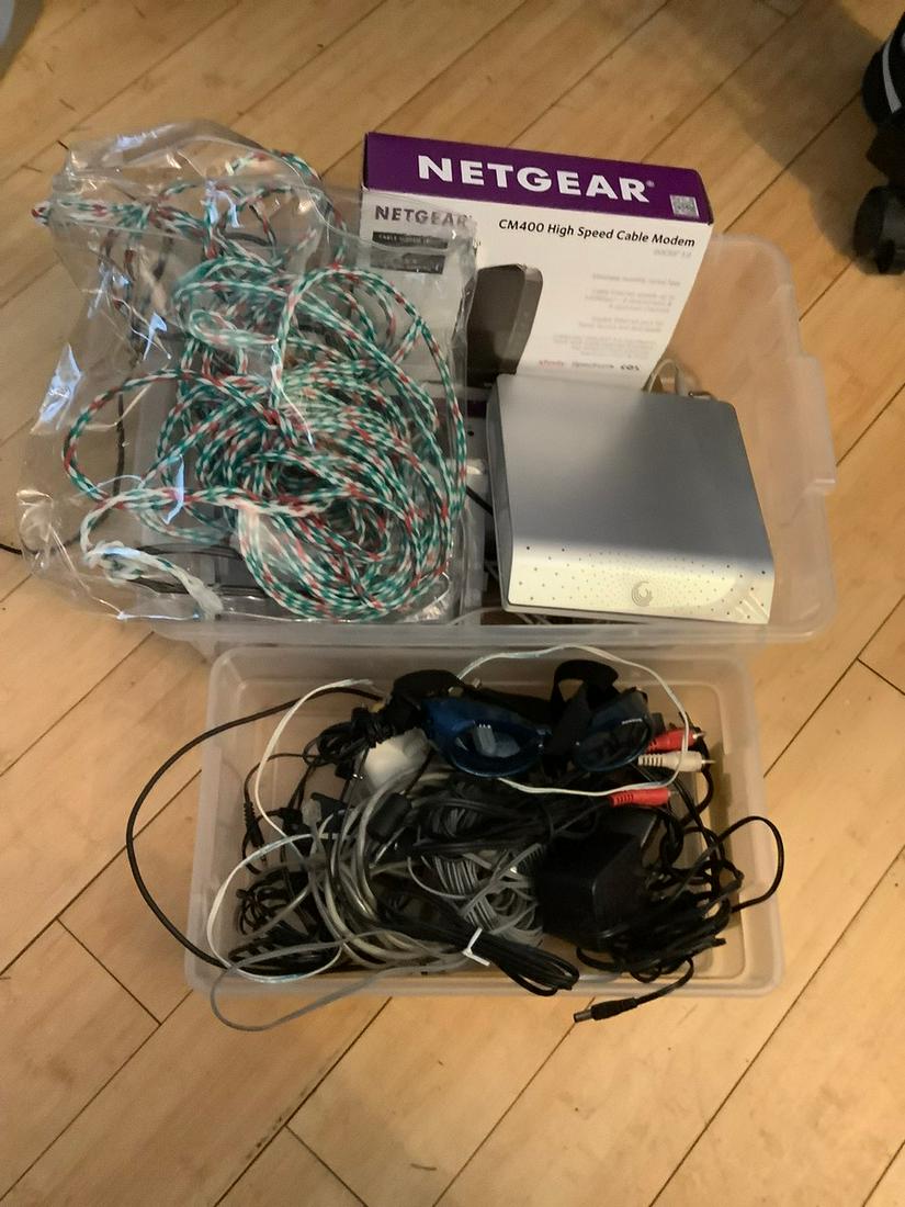 Two bins of modems, misc wires, rope and more (1 of 1)