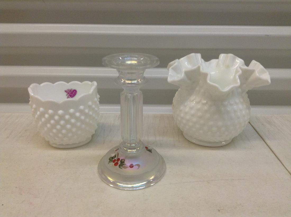Fenton Candlestick and small Fenton Vases (1 of 1)