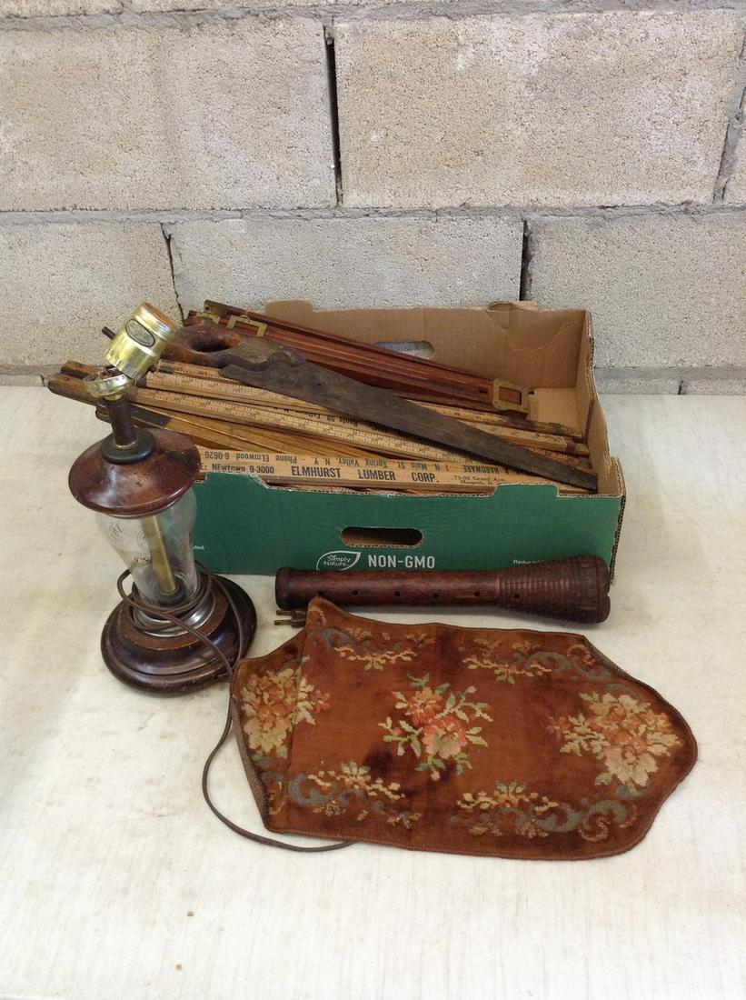 VLot of vintage lamp, rulers, saw and more: VLot of vintage lamp, rulers, saw and more