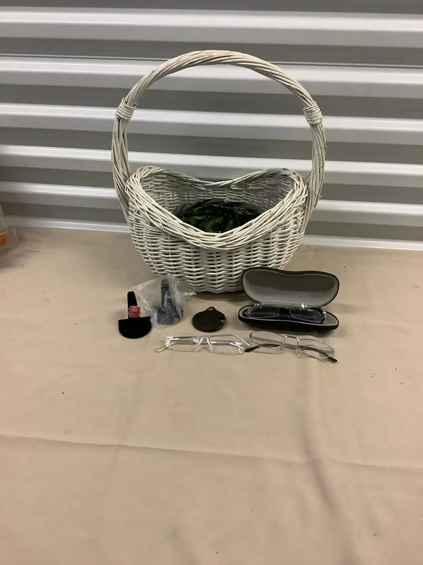 Lot of Baskets, Glasses and Jewelry: Lot of Baskets, Glasses and Jewelry