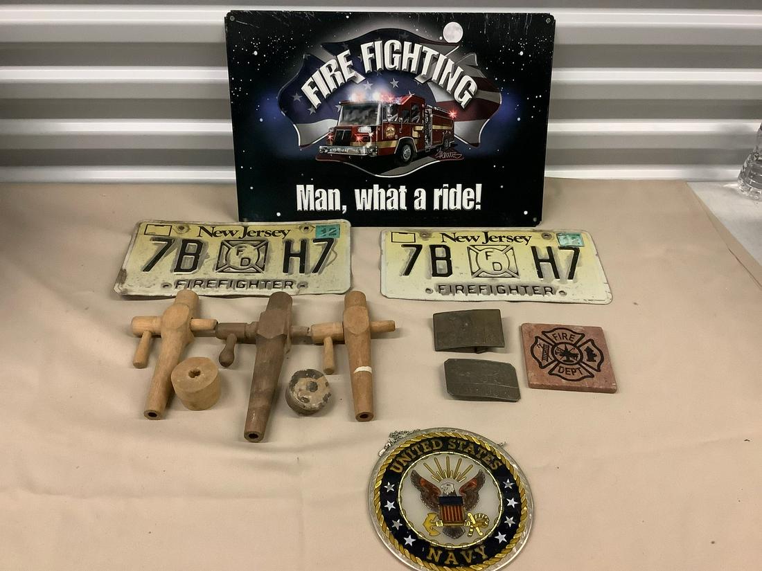 Lot of Fire Fighter License Plates, Belt Buckles, Wood: Lot of Fire Fighter License Plates, Belt Buckles, Wood Taps and More