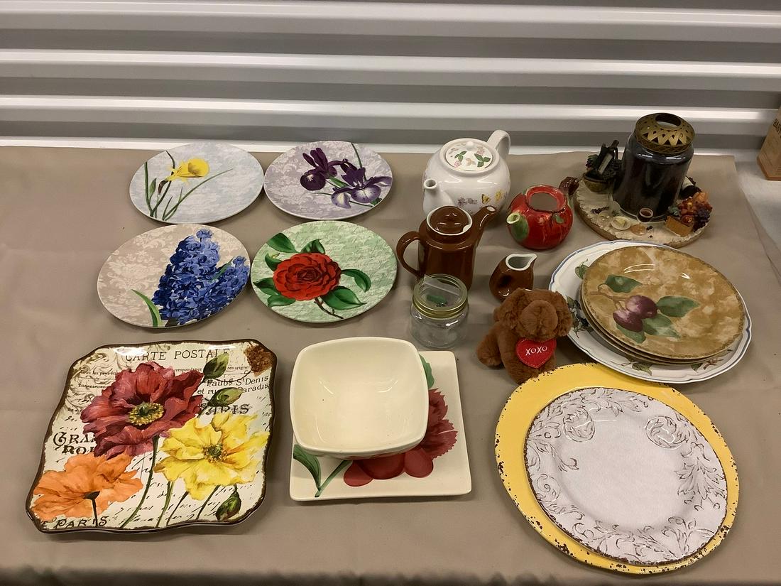 Large Lot of Floral Plates, Tea Pot, Candle and More: Large Lot of Floral Plates, Tea Pot, Candle and More
