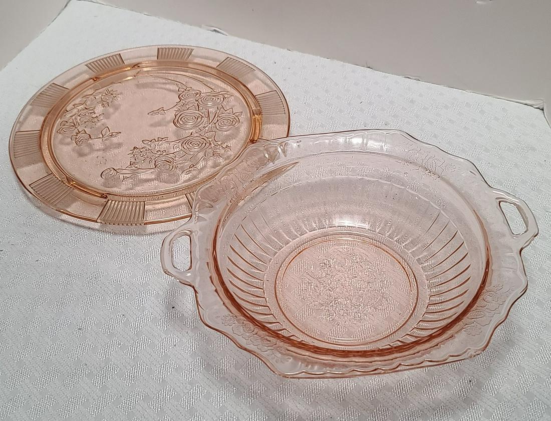 Vintage Pink Glass Serving Bowl and Footed Plate (1 of 1)
