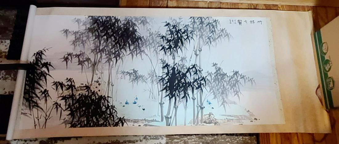 Vintage Handpainted Asian Scroll Cranes 29x70" (1 of 2)