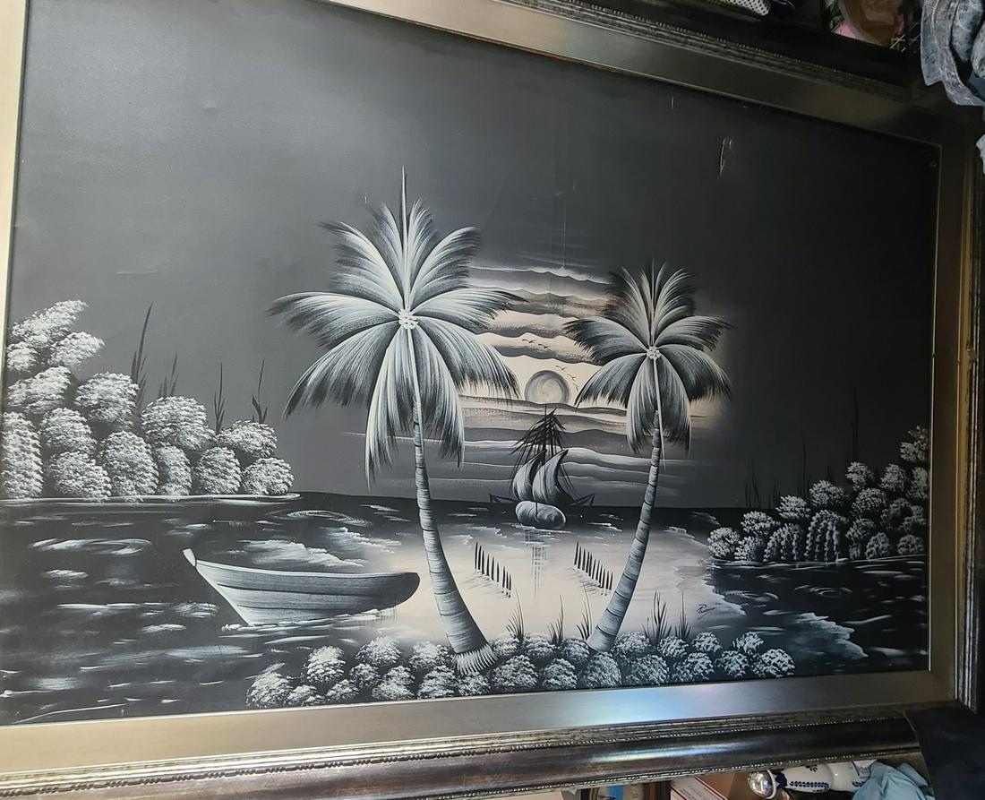 Signed Original Framed Dominican Artist on Canvas Art: Signed Original Framed Dominican Artist on Canvas Art 50x70 note damage upper right corner