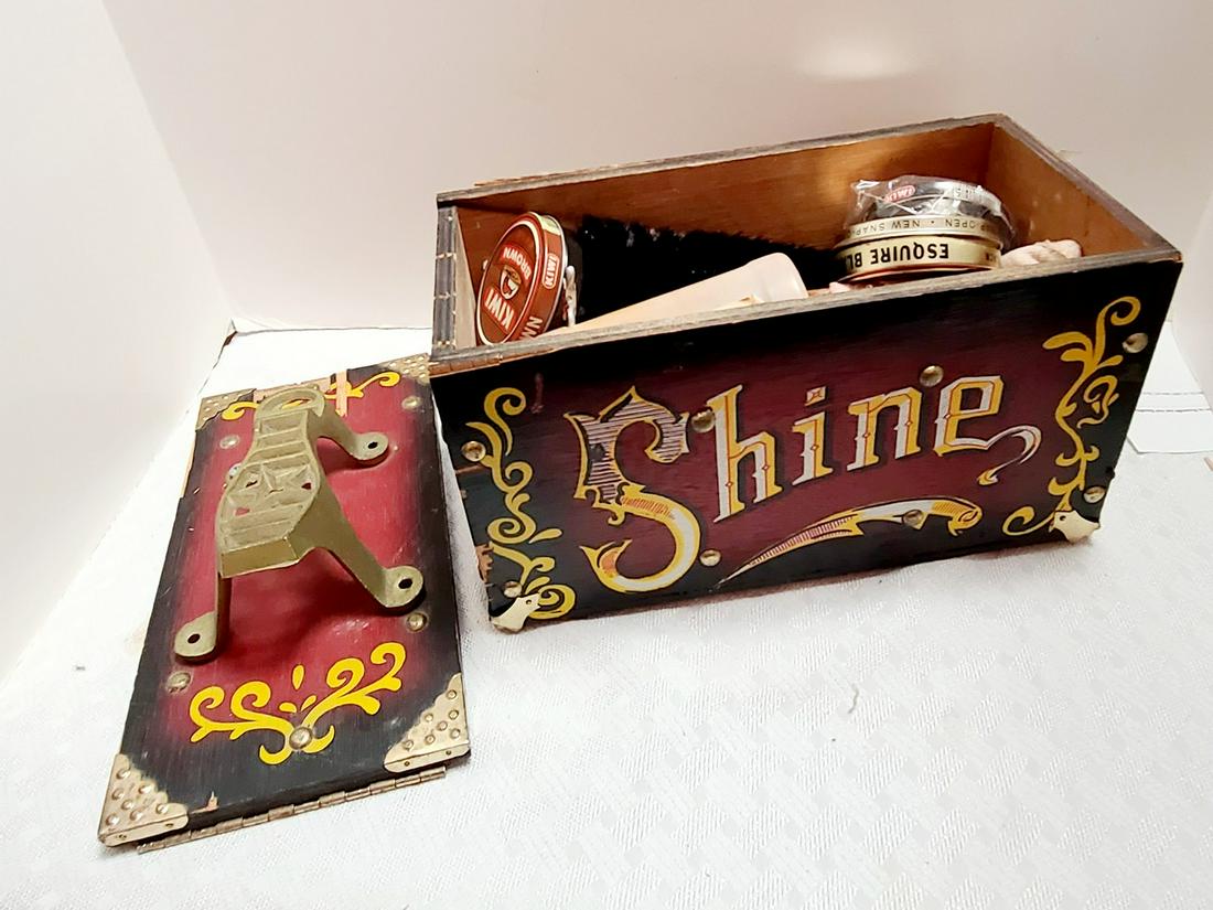 Vintage Shoe Shine Box w Brass accents and Contents (1 of 1)