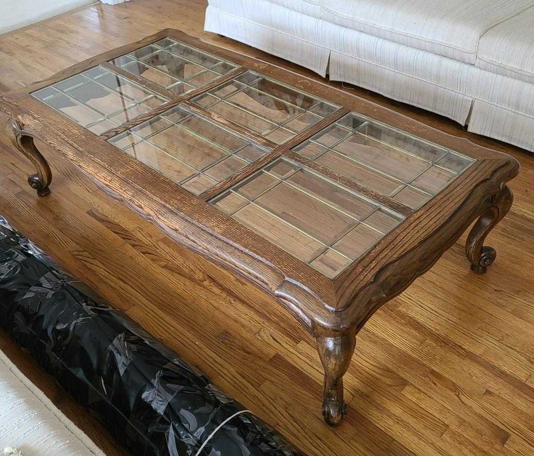 Coffee Table w Brass and Leaded Glass Inserts 16x30x31 (1 of 1)