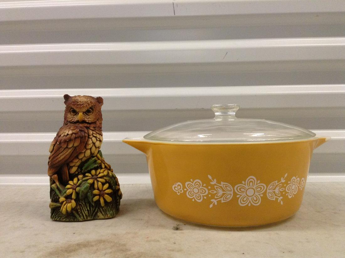 Pyrex Bowl and Owl Statue: Pyrex Bowl and Owl Statue