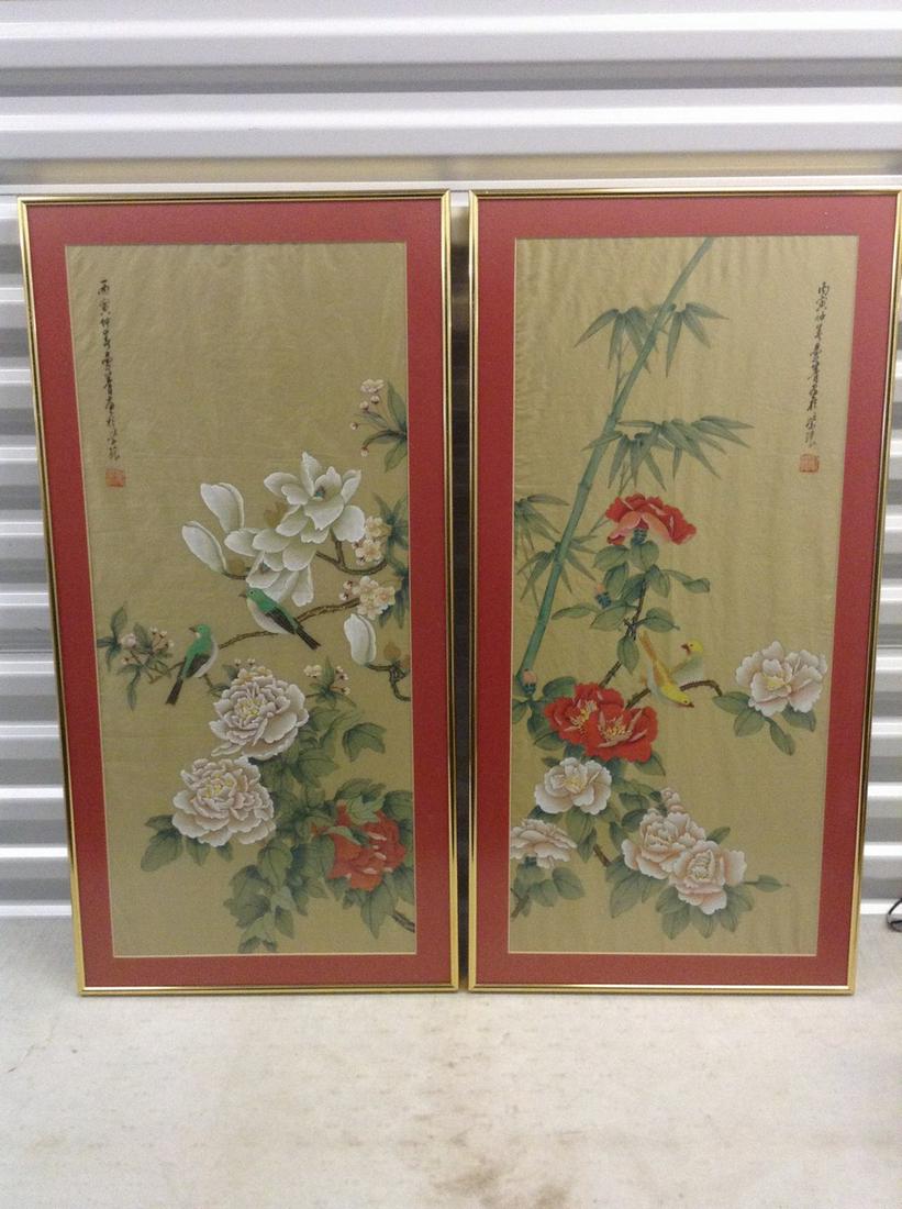 Two Asian Themed Pictures on Silk 34.5x17 (1 of 1)