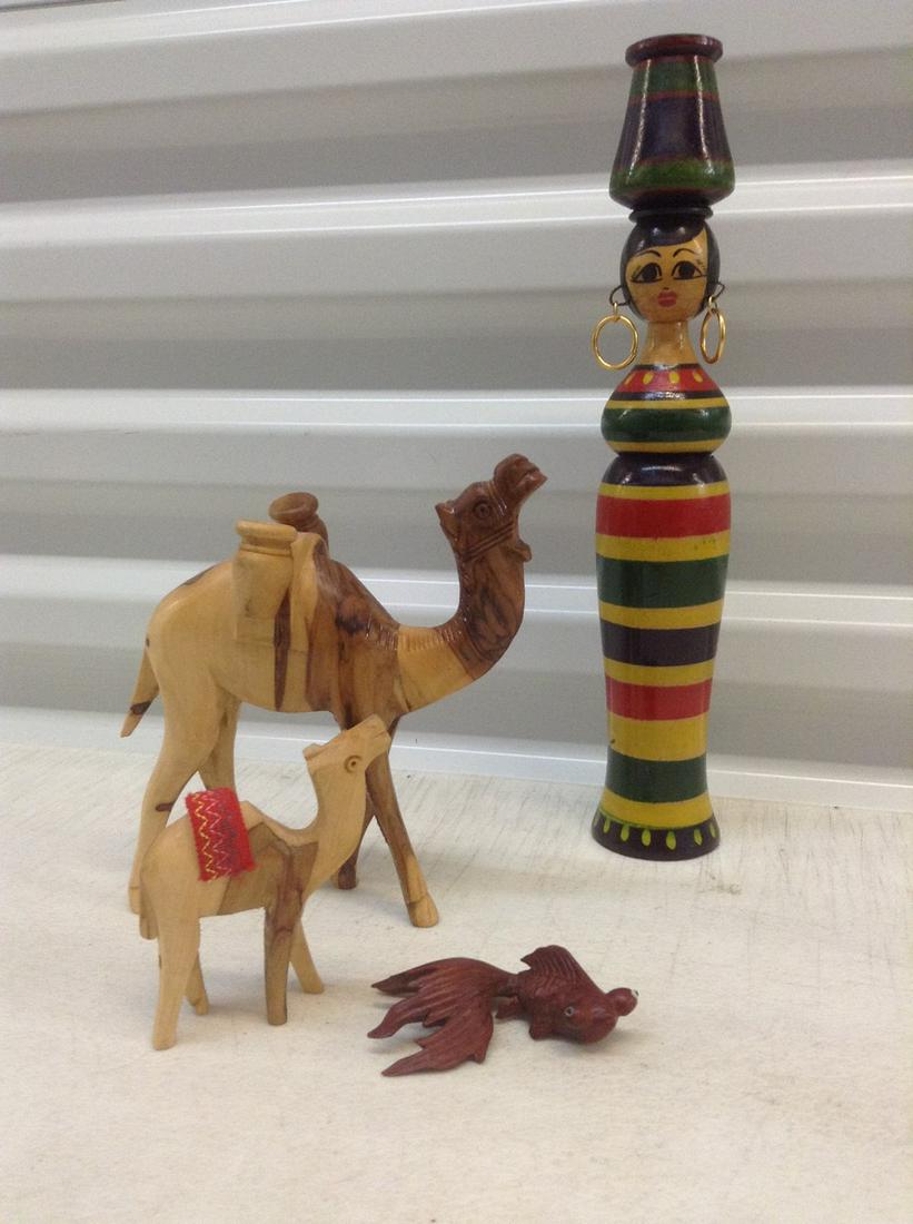 Carved Wood Fish & Camels and Painted Wood Doll 12": Carved Wood Fish & Camels and Painted Wood Doll 12"