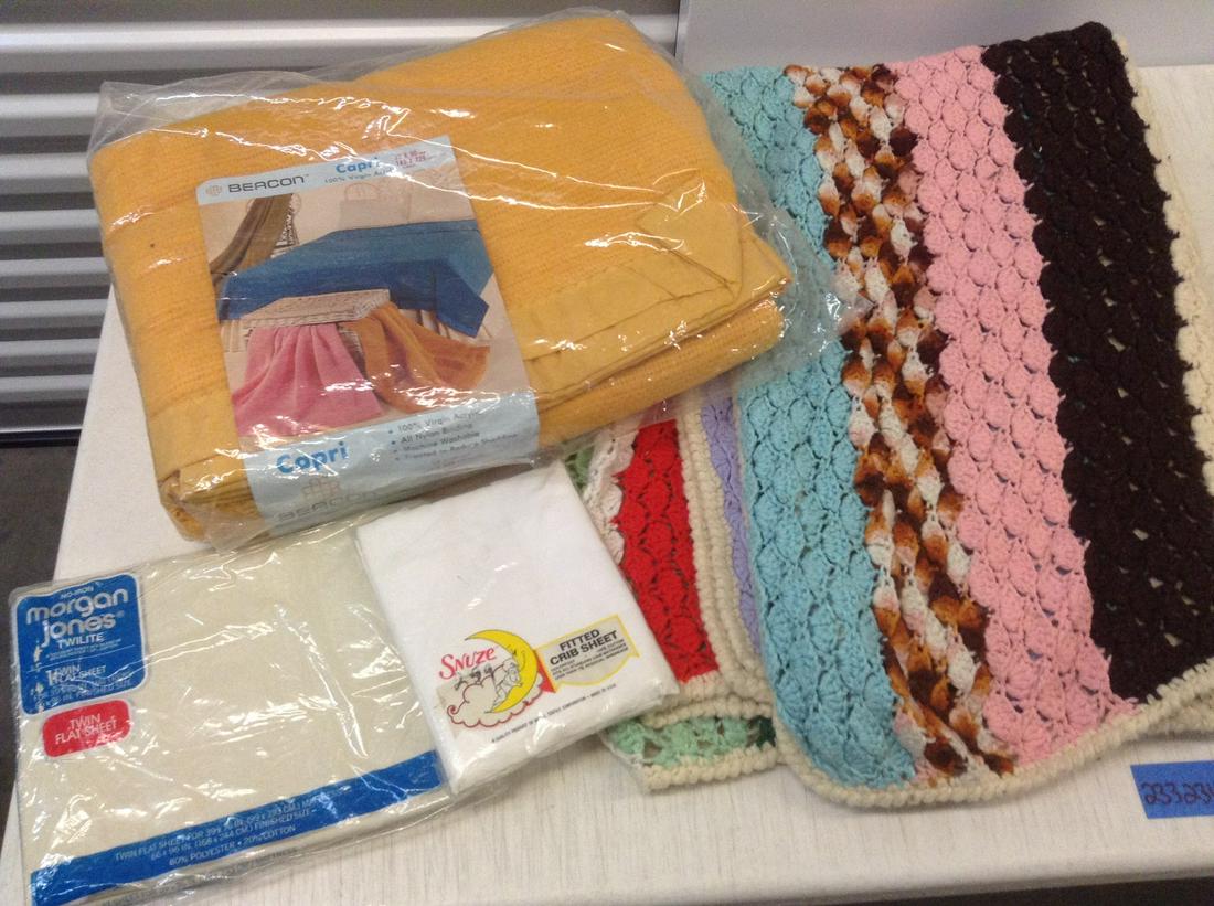 NOS Vintage Blanket, Sheet and Crocheted Blanket (1 of 1)