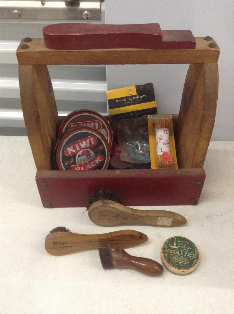 Wooden Shoe Shine Box full of Brushes, Polish and more (1 of 1)