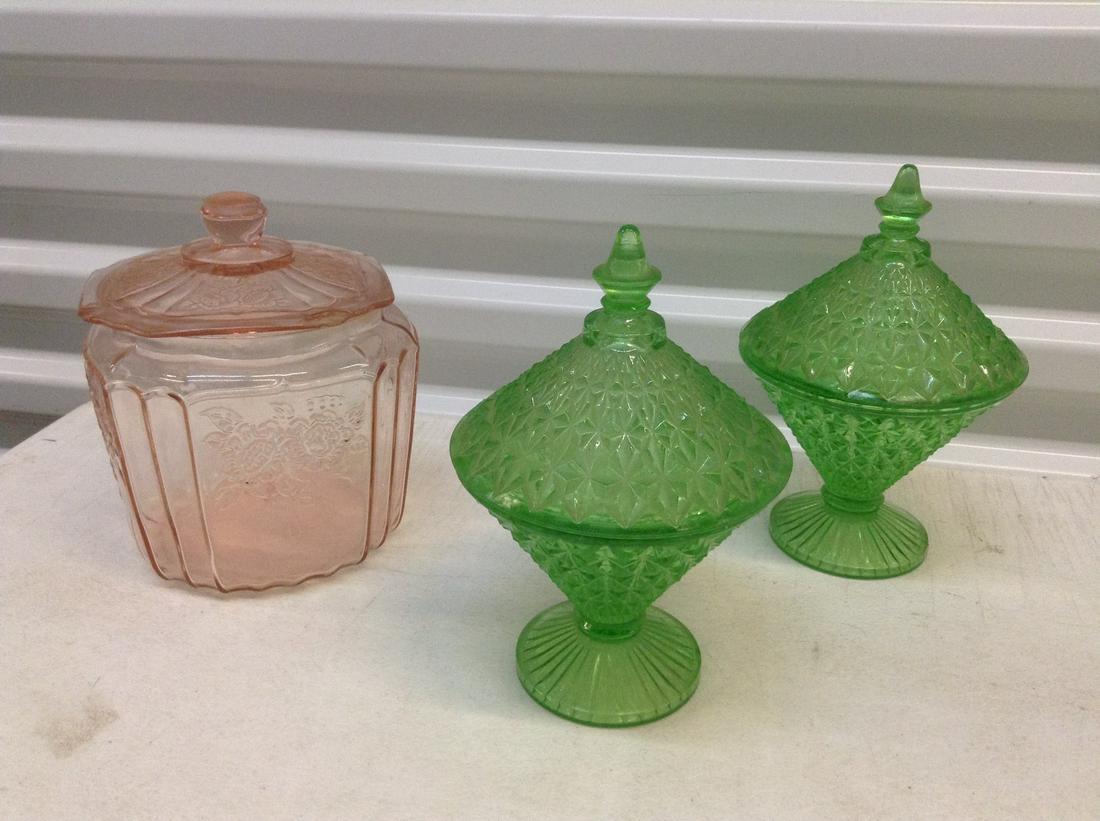 Depression Glass Uranium? Glass  and Pink Lidded Jars (1 of 1)