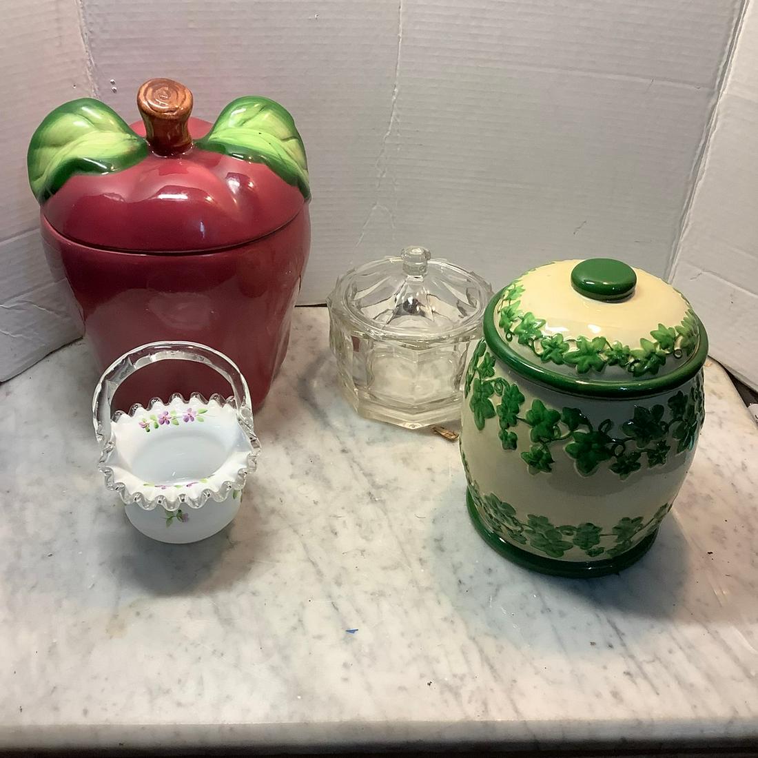 Lot of glass cookie jars and decorative pieces, one: Lot of glass cookie jars and decorative pieces, one signed