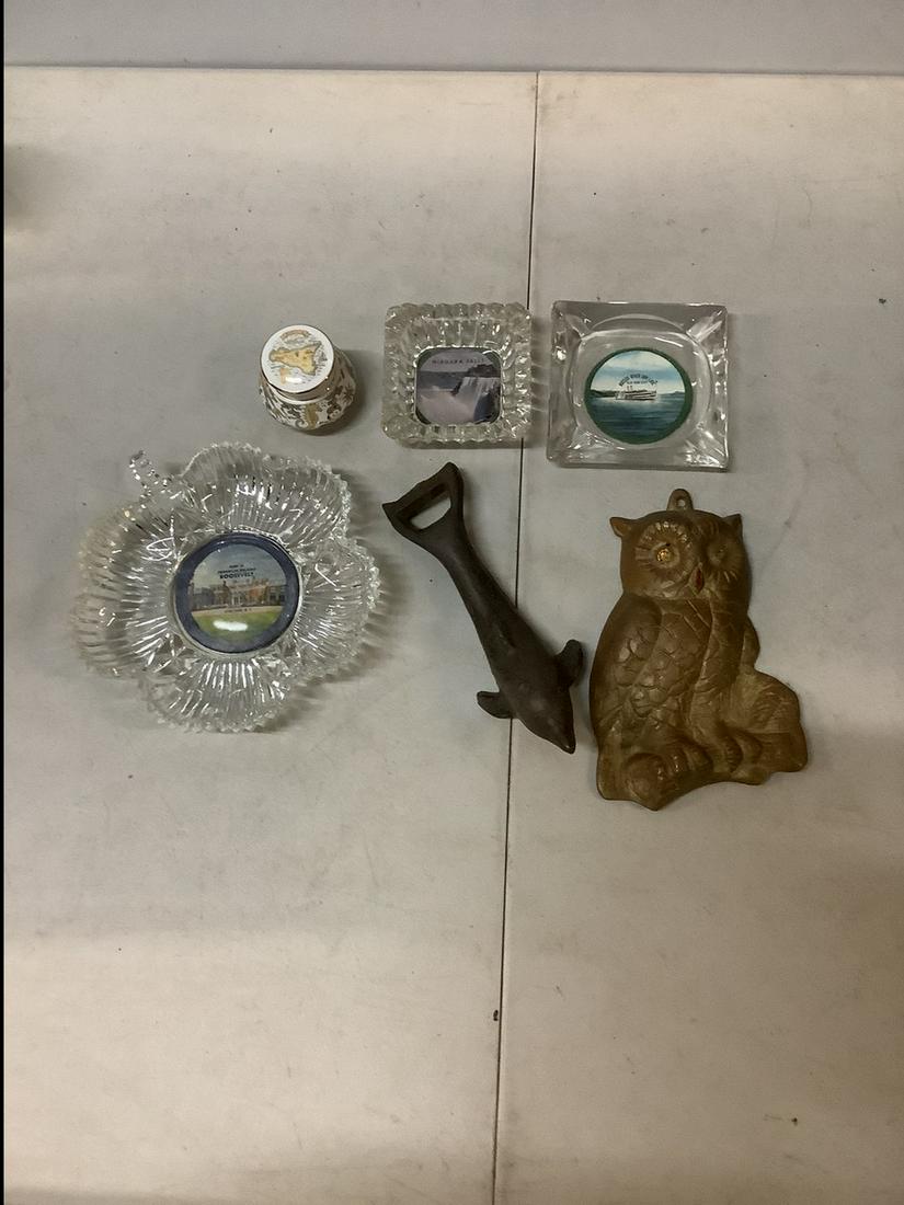 Lot of ashtrays, solid metal bottle opener, owl and: Lot of ashtrays, solid metal bottle opener, owl and more