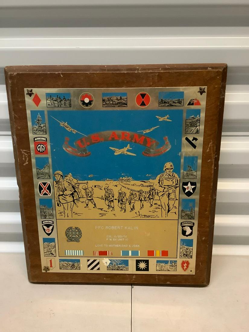 Vintage US army metal plaque on wood 1950's (1 of 1)