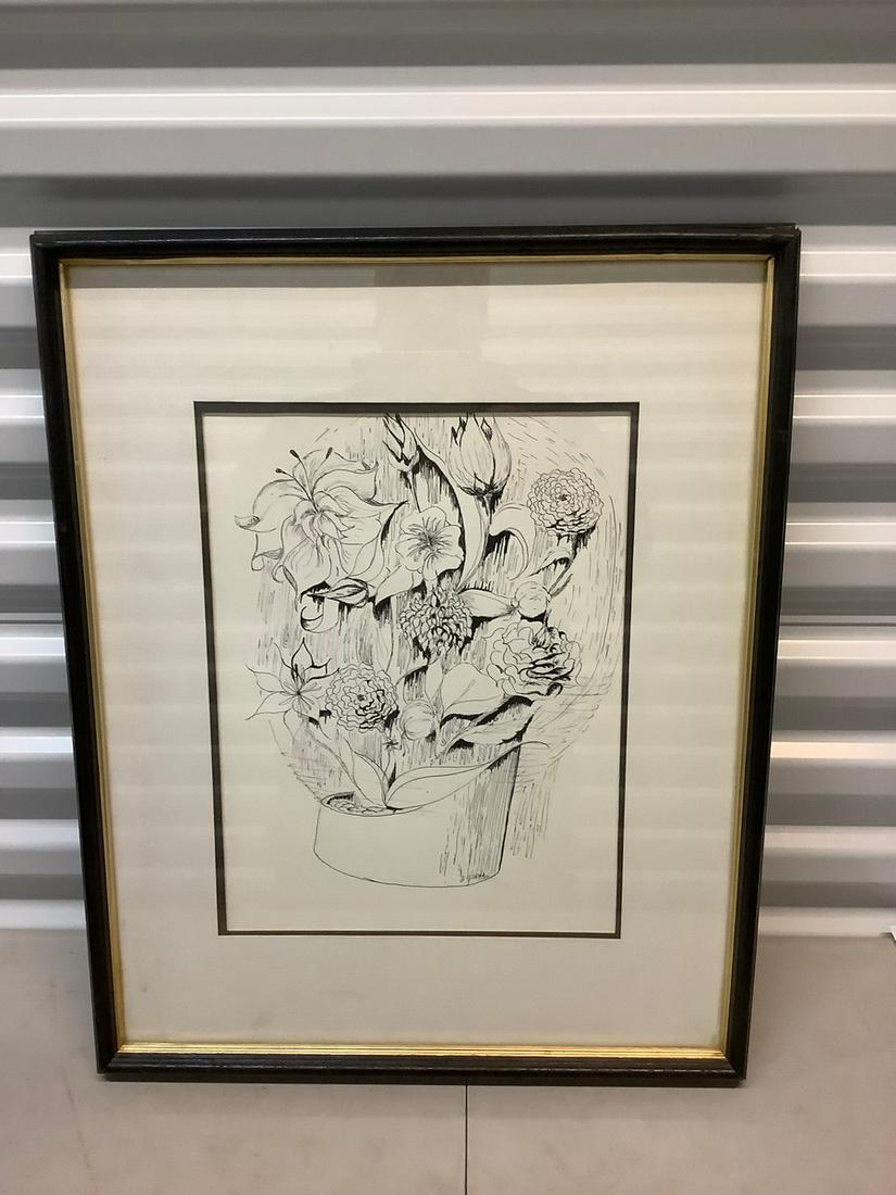Signed framed pen line work floral motif 21x17 (1 of 1)