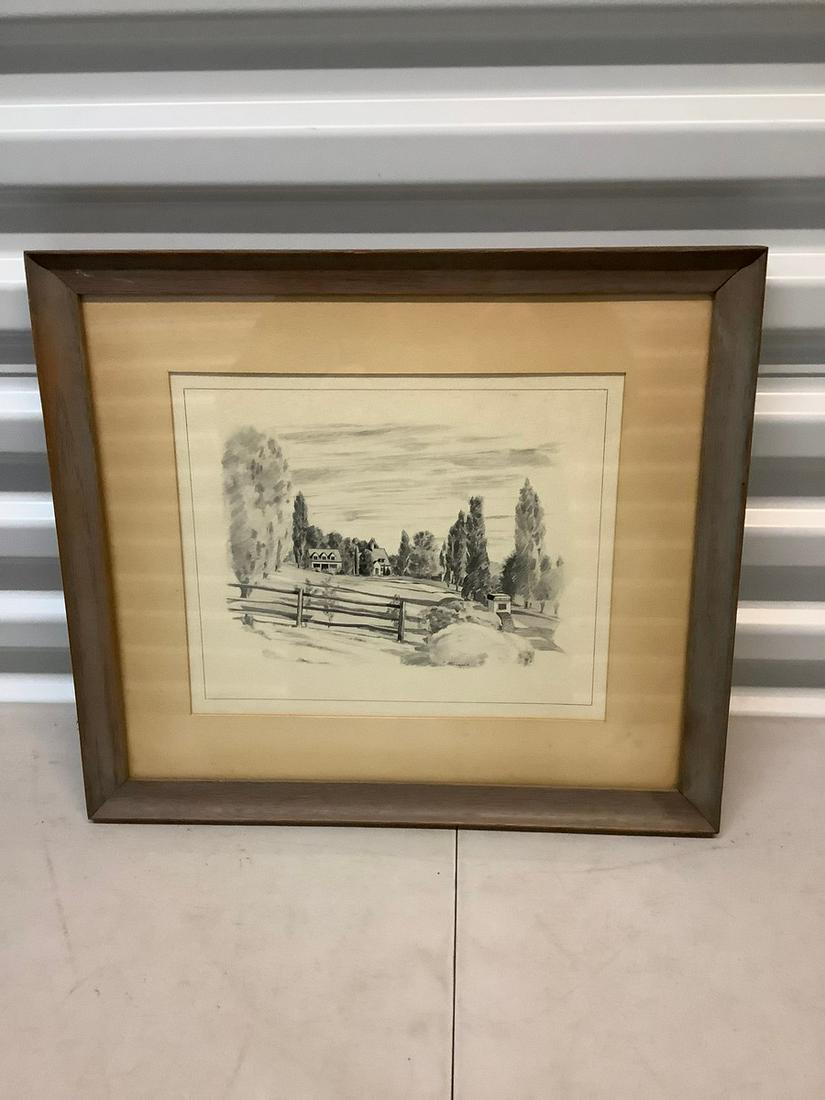 Framed pencil sketch country estate artwork (1 of 1)