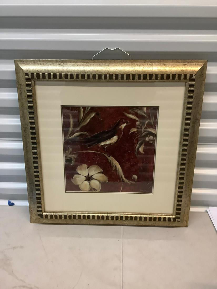 Framed signed print bird and floral motif 21x21 (1 of 1)