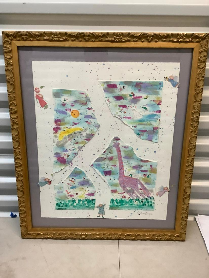 Multimedia watercolor signed collage framed 27 x 23: Multimedia watercolor signed collage framed 27 x 23