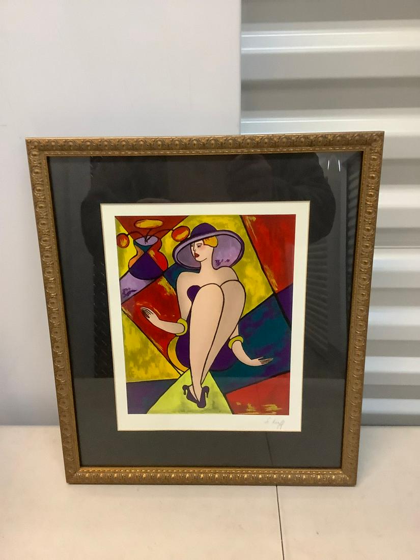 Framed original artwork signed woman with purple hat 15x13 (1 of 1)
