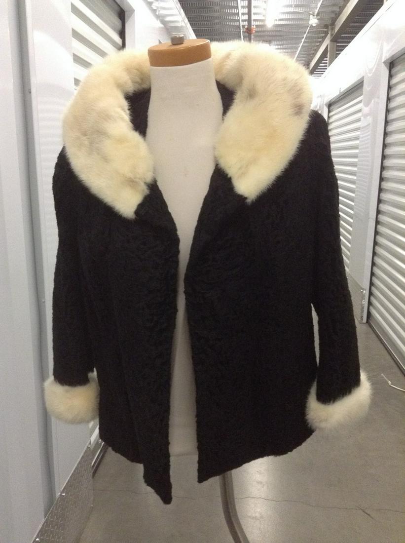 Vintage Real Fur Black Lamb with White Mink Trim Coat No Size approximate M/L (1 of 1)