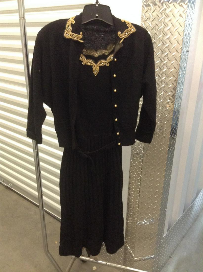 Vintage Black with Gold, Pearl and Rhinestone Trim Dress with Matching Sweater no size tag: Vintage Black with Gold, Pearl and Rhinestone Trim Dress with Matching Sweater no size tag