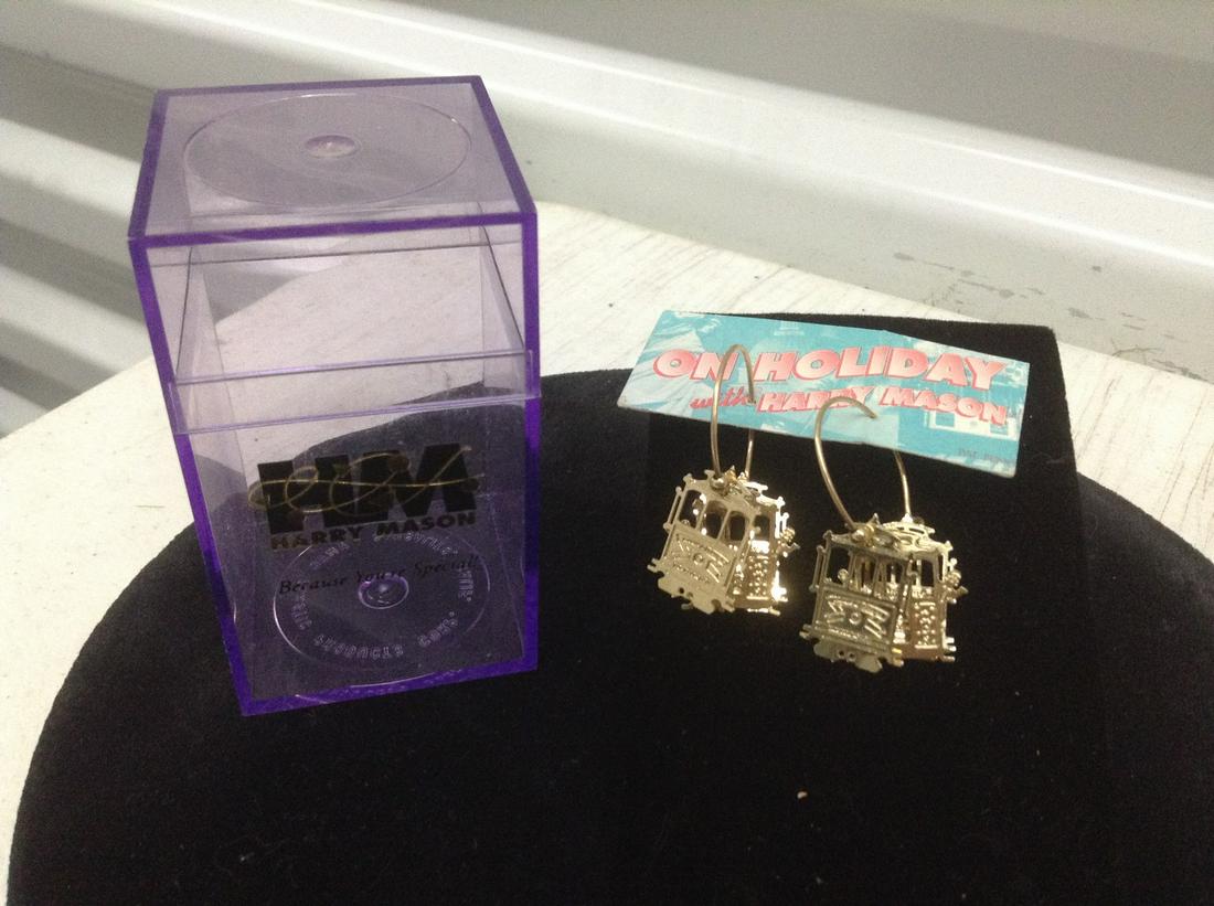 Vintage Harry Mason on Holiday Gold Filled San Francisco Tram Car Earrings with original Box and tag: Vintage Harry Mason on Holiday Gold Filled San Francisco Tram Car Earrings with original Box and tag