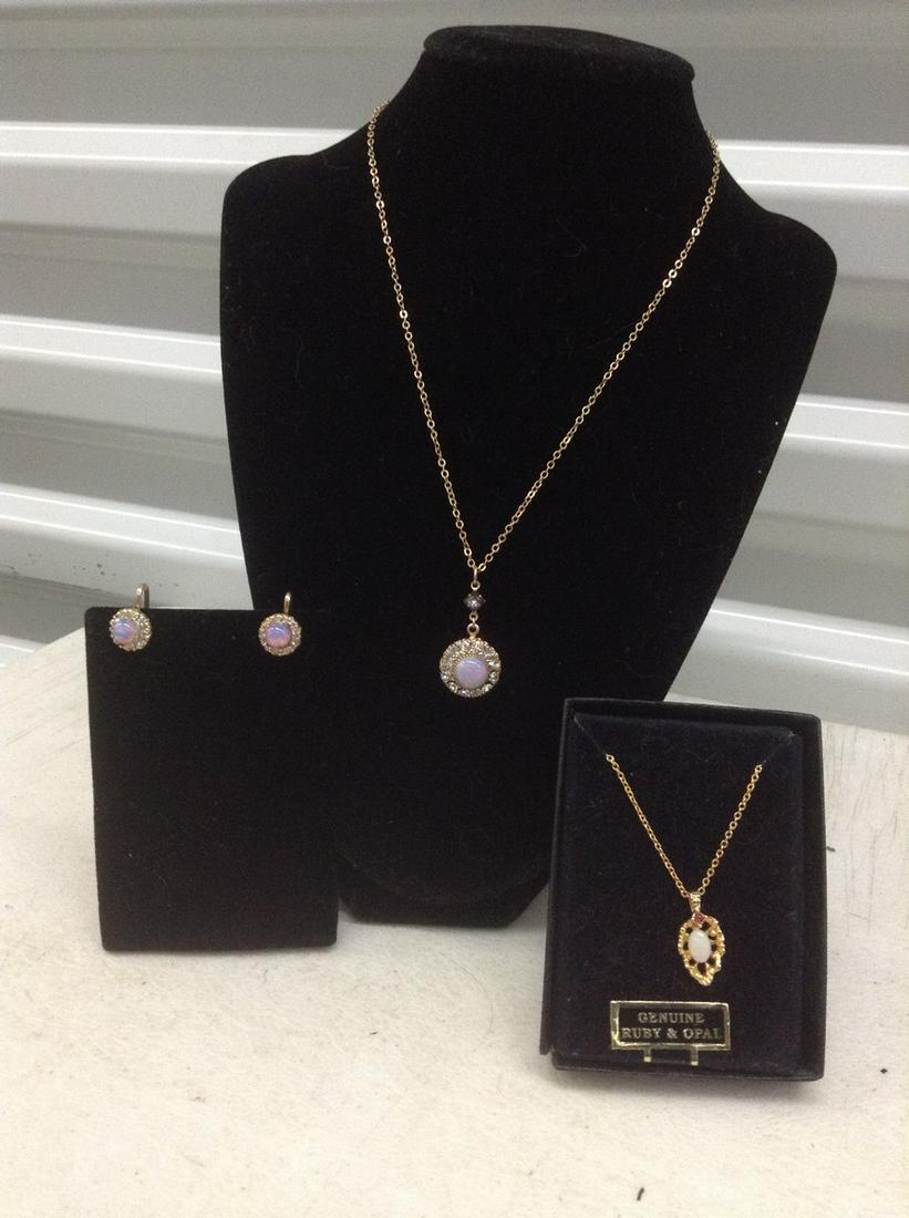 Genuine Opal and Ruby Pendant and Opal Earring and Necklace Set  (unmarked, not gold) (1 of 1)