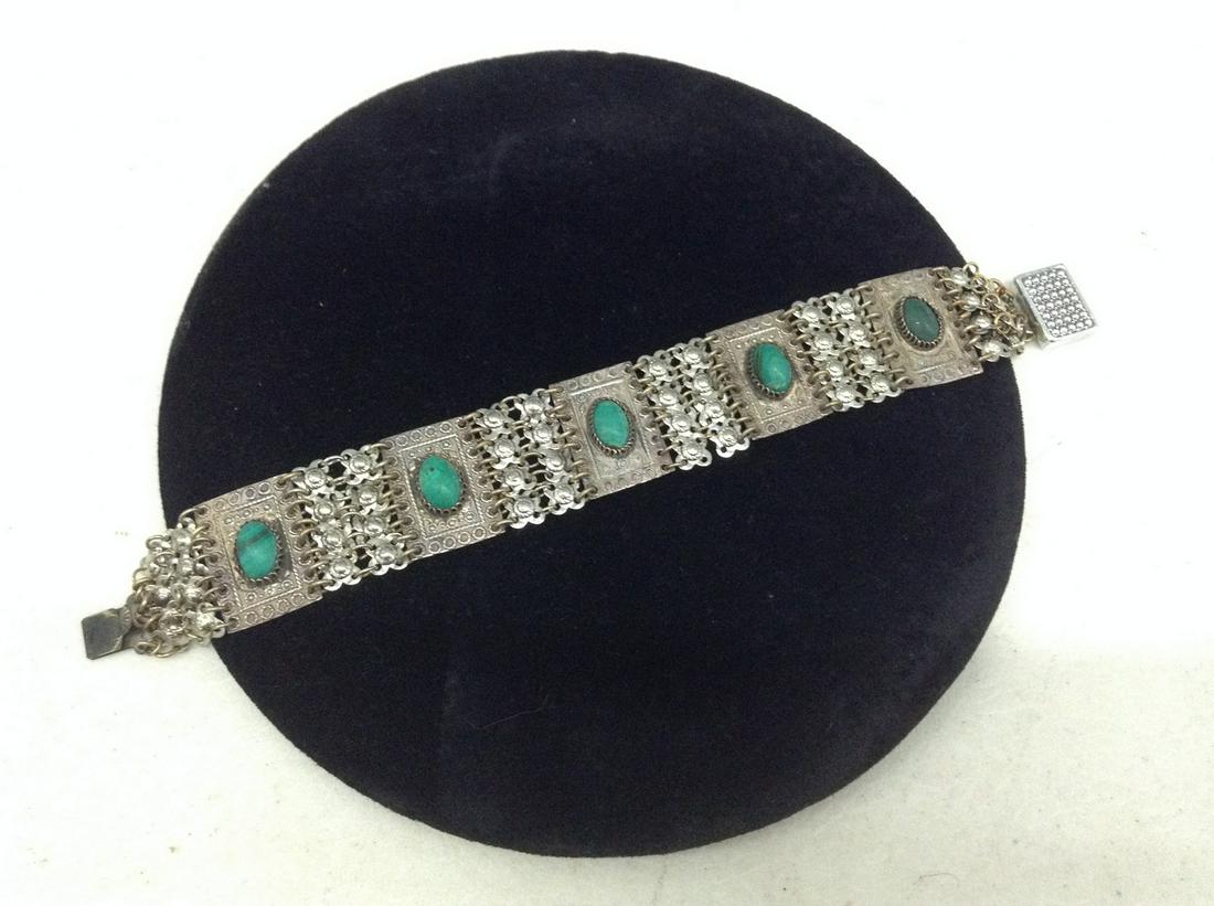 Marked 925 Silver Bracelet with Green Malachite: Marked 925 Silver Bracelet with Green Malachite