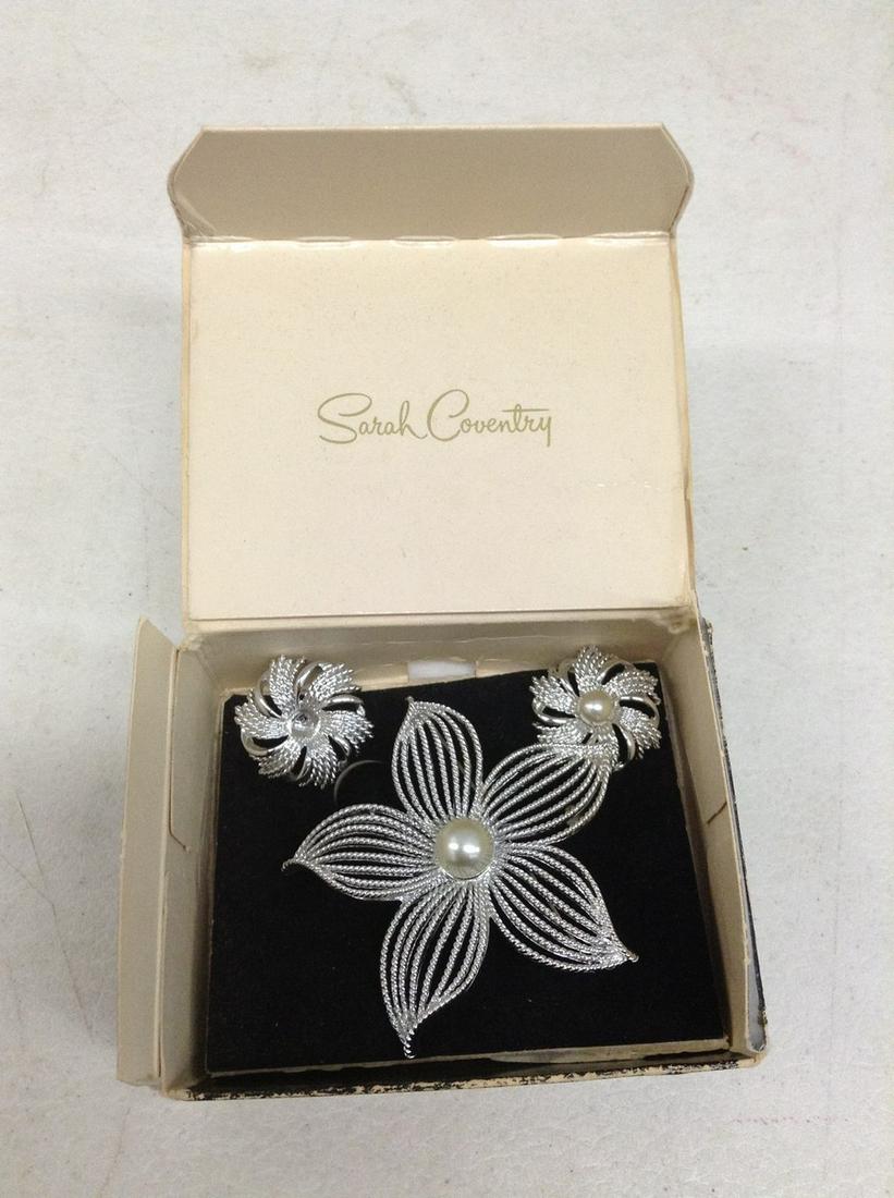 Signed Sara Coventry Brooch and Clip Earrings Set in Original Box (One earring missing pearl) (1 of 1)