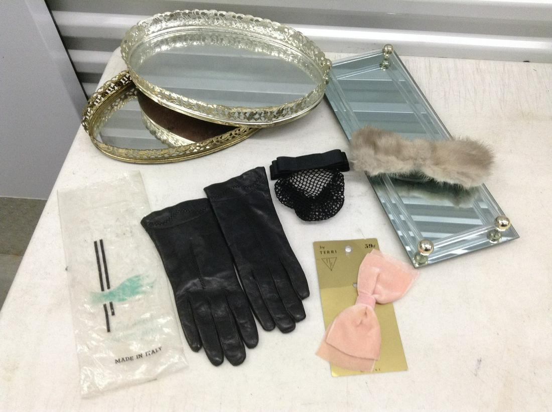Vintage Made in Italy Leather Fur Lined Gloves, Mink Hair Bow, Vintage Hair Accessories and Mirrored (1 of 1)