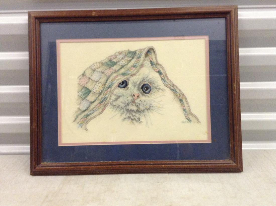 Framed Signed Embroided Cat Picture 15x18.5: Framed Signed Embroided Cat Picture 15x18.5