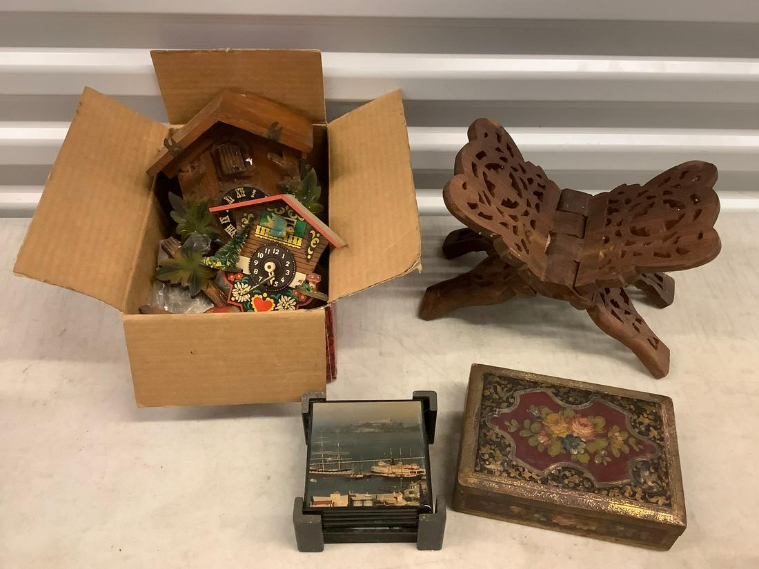 Lot of Coasters, Wood Cuckoo Clock and More: Lot of Coasters, Wood Cuckoo Clock and More